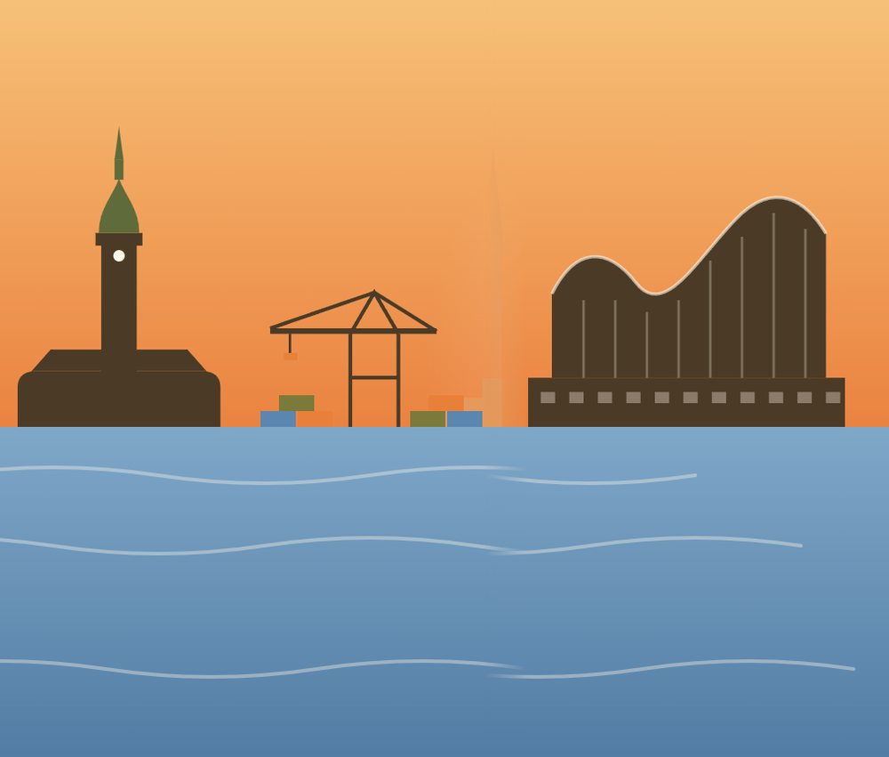 Gezeichnete Hamburger Skyline bei Sonnenuntergang: Michel-Turm, Hafenkran und Elbphilharmonie am Wasser